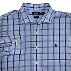Polo Ralph Lauren Slim Fit Button Down Dress Shirt Size 17.5 32/33 Blue Plaids